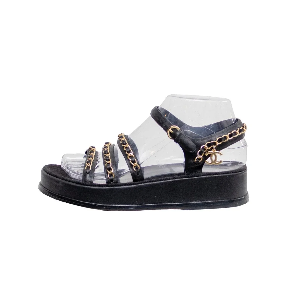 Chanel Black Leather Chain Link Platform Sandals CC Logo G37140 Size 36C
